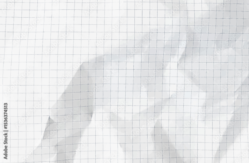 Crumpled white paper sheet with check grid lines overlay - wrinkled notebook page with mathematical graph squares, folded texture on checkered surface for school homework or office calculations.