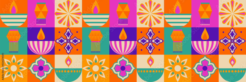 Fototapeta premium Colorful Diwali pattern with geometric tiles - vibrant lantern shapes, flowers, flames and traditional motifs in colorful squares. Indian festival decorative mosaic design for celebration background.