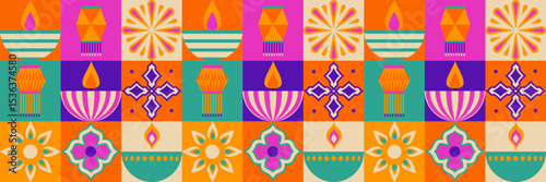 Colorful Diwali pattern with geometric tiles - vibrant lantern shapes, flowers, flames and traditional motifs in colorful squares. Indian festival decorative mosaic design for celebration background.
