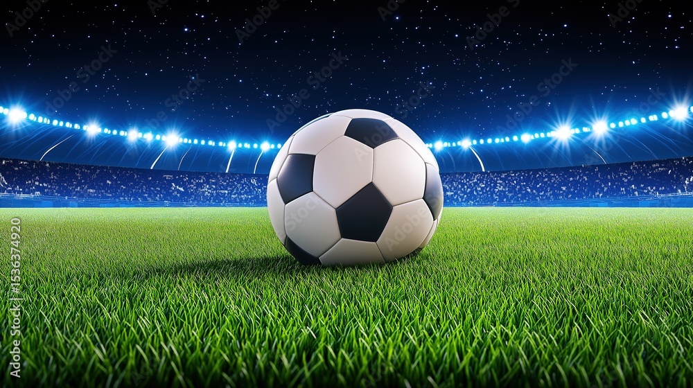 Naklejka premium Soccer Ball on a Night Football Stadium