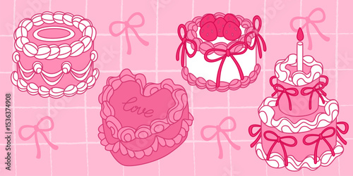 Vintage cake illustrations with decorative bow ribbons on pink grid background. Sweet retro desserts ornate with frosting, heart shapes and strawberries for romantic celebrations or nostalgic party.