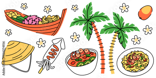 Thai doodle elements with floating market boat, palm trees, traditional hat, street food and tropical flowers. Southeast Asian illustrations of cultural symbols for travel guides or tourism promotion.