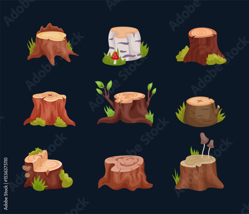 Tree stump. Wood cartoon textures. Birch and oak log cuts. Forest element. Nature wooden material. Icon game. Empty landscape timber. Pine trunk with mushroom and moss. Vector illustration tidy set