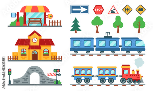 Cartoon train. Children railroad crossing. Rail station building. Transport bridge. Railway signs. Kids rules and traffic signal icons. Public vehicle transportation. Isolated tree. Vector tidy set