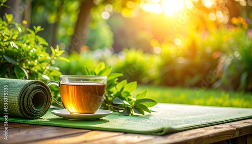 Morning Yoga  Tea in Sunny Garden Wellness  Relaxation Green Exercise Mat.