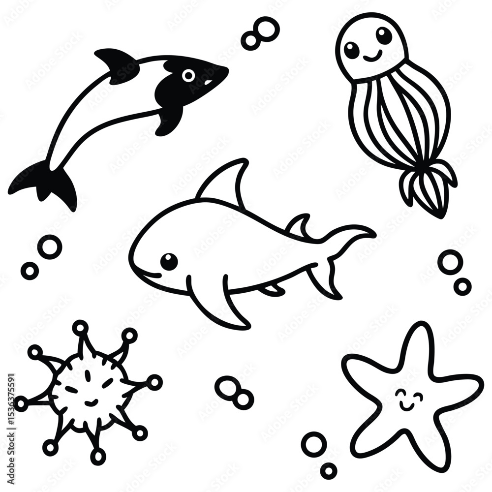 Fototapeta premium Black and White Sea Animals Doodle Vector Illustration