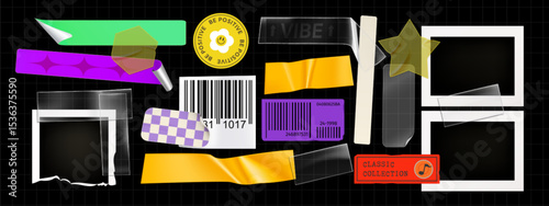 Y2k aesthetic sticker collection with photo frames, barcode labels and retro elements - realistic vibrant design pack for nostalgic scrapbooking, digital collage and millennial style graphics.