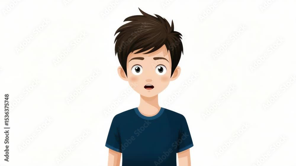 Surprised young boy with short hair in a blue shirt.