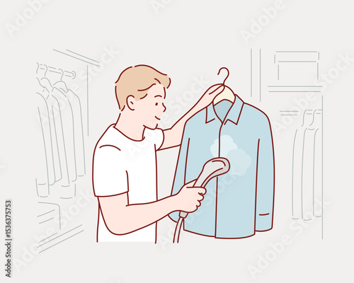 Man Steaming Clothes with Iron.Hand drawn style vector design illustrations.