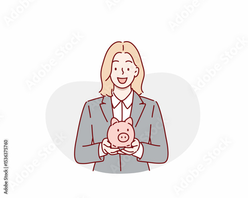 Smart Office Worker Holding a Piggy Bank. Hand drawn style vector design illustrations.