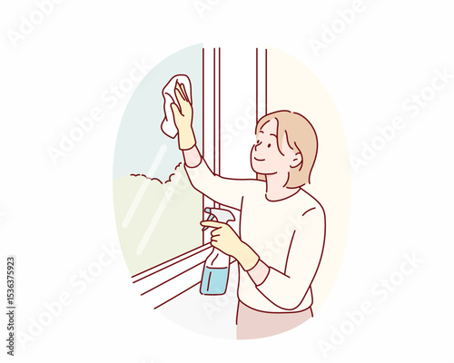 Woman Cleaning Window with Gloves and Detergent. Hand drawn style vector design illustrations.