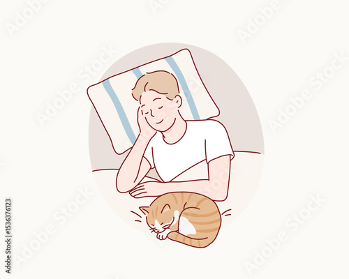 Man Napping with Cat on Bed.Hand drawn style vector design illustrations.
