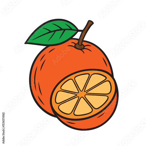 Orange fruit with slice and green leaf