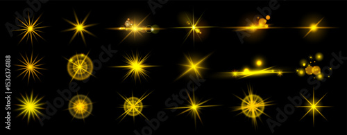 Star gold, twinkle light. Golden sparkle effect, shiny glitter, sun rays, abstract explosion flare. Abstract magic flash, sunlight beam. Bright design for party. Vector decoration background set