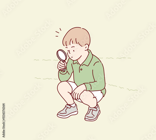 Curious Child Exploring Nature with Magnifying Glass. Hand drawn style vector design illustrations.