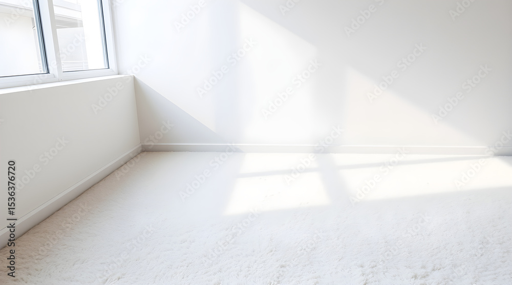 Fototapeta premium Empty room with white carpet and sunlight shining through window