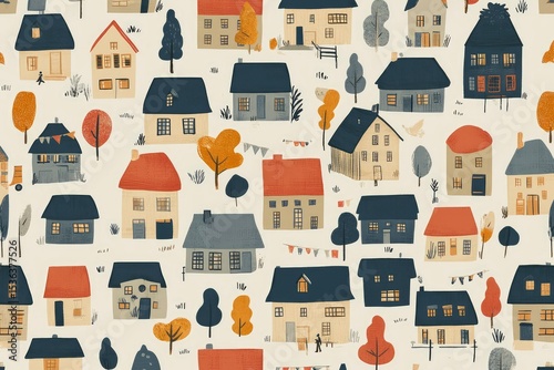 Border town life seamless pattern small houses, flags, crossing gates, calm earth palette