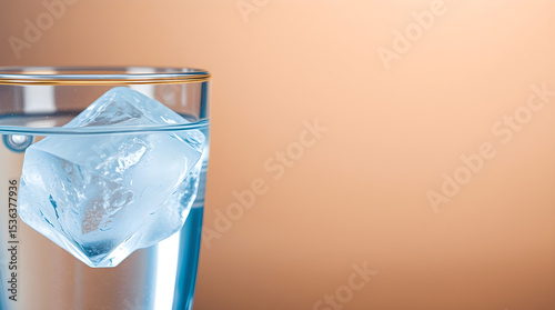 Ice cube floating in a glass of water with golden rim on orange background