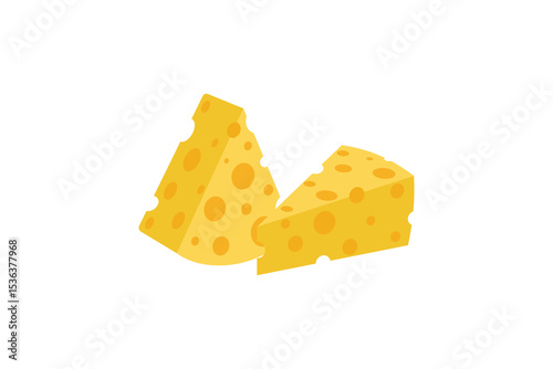 A cute cartoon style Swiss cheese illustration featuring a slice of yellow cheese with holes on a white background.