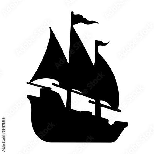 Elegant silhouette of a caravel ship on white background, nautical concept