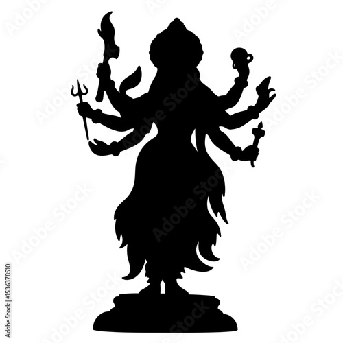 Multi-armed Durga idol silhouette holding weapons, black and white design