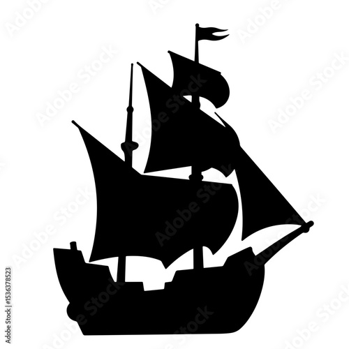 Historic sailing ship silhouette on white background, nautical concept