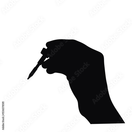 Silhouette of hand holding eye dropper isolated on white background, precision
