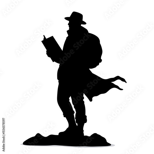 Adventurous silhouette exploring with a map, journey and discovery