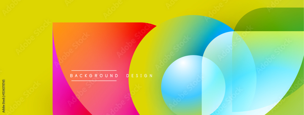 Obraz premium Bright abstract design features overlapping colorful circles, square. Yellow backdrop provides vibrant contrast, modern aesthetic.