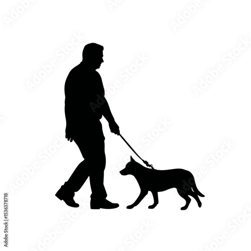 Silhouette of a person walking with a guide dog, black and white symbolism