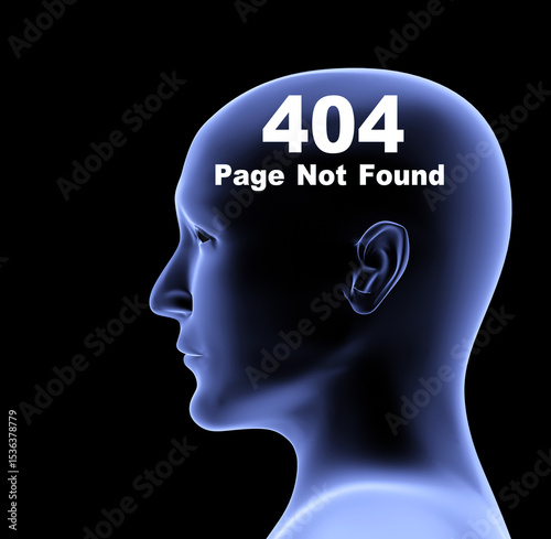 Human head and 404 error Page not found message. Alzheimer's disease. Neurodegeneration. Human mind, Dementia and Parkinson disease concept. Mental health care. Isolated on black background. 3d render