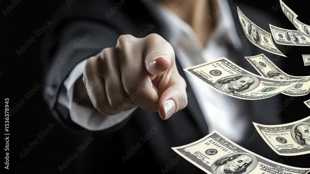 A person in formal attire points decisively while dollar bills drift through the air, illustrating a strong connection to money and economic conversations in a dramatic setup