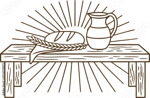 Rustic bread and pitcher on wooden table with rays simple line art, minimalistic food illustration concept