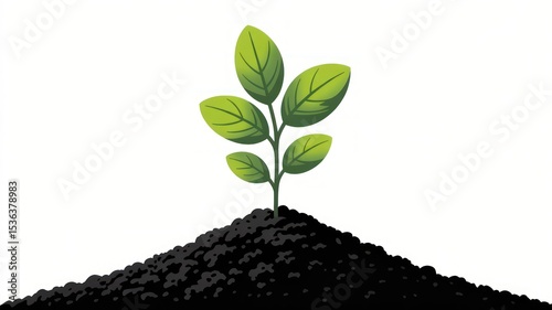 A small green plant sprouting from a mound of dark soil against a white background image art