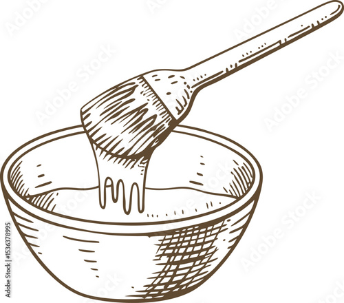 Cooking glaze brush in mixing bowl, hand drawn sketch kitchen utensil, baking preparation, culinary illustration