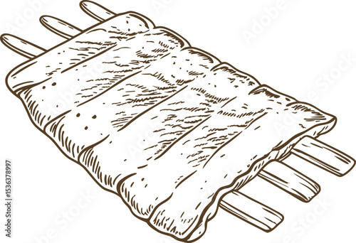 Grilled skewered kebab illustration hand drawn meat barbecue on sticks, traditional cooked meal sketch