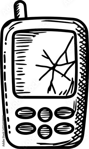 Hand drawn old broken mobile phone with cracked screen vintage cellphone illustration, damaged electronic device sketch
