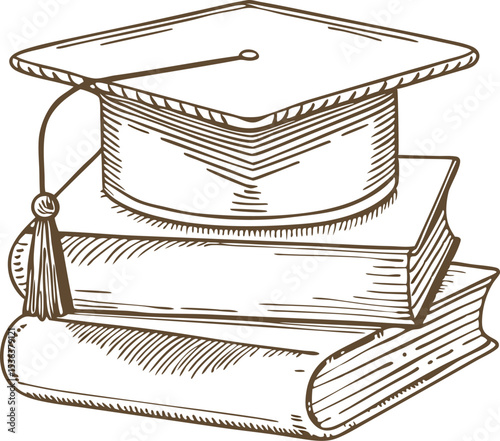 Graduation cap resting on stacked books academic success, education achievement, knowledge and learning symbol