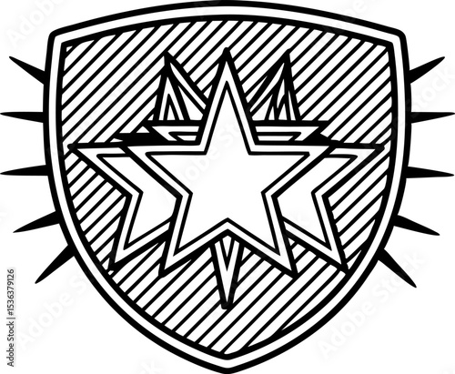 Bold shield emblem with overlapping stars and striped background line art illustration, strong security icon