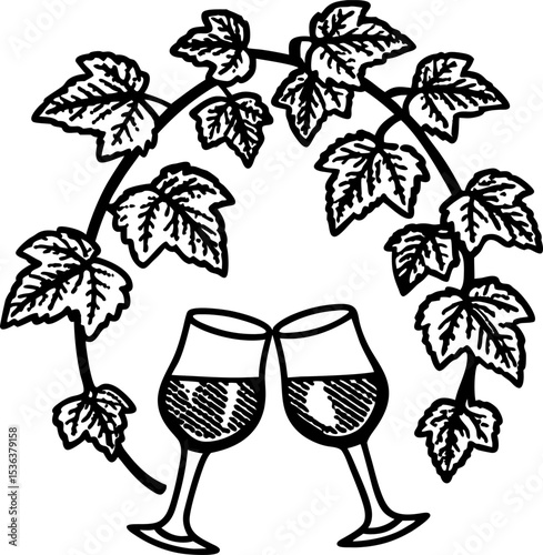 Clinking wine glasses under grapevine arch vineyard celebration, festive toast, winery harvest, grape leaves, stemware