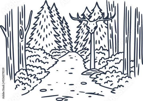 Forest path with deer and pine trees wilderness landscape, woodland sketch, nature scene, peaceful outdoor environment