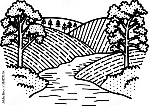 Flowing river in the countryside with rolling hills, trees, and nature landscape, hand drawn illustration