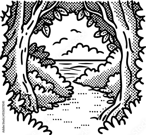 Woodland archway opening to tranquil lake with trees, path, clouds, and calm nature scenery illustration