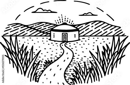 Rural round house on plain with hills and clouds pathway, sunrise, grass outline, simple black linear drawing