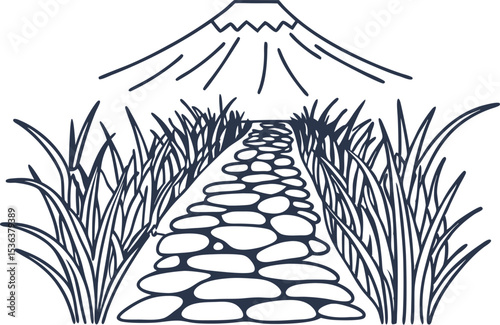 Mountain landscape with stone pathway and tall grass hand drawn rural scene, natural travel destination illustration