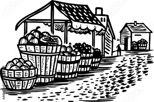 Rustic outdoor market scene with fruit baskets, produce stand, rural path and small farmhouse, vintage illustration