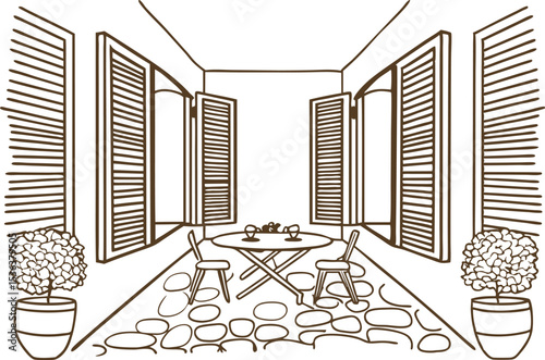 Cozy terrace with open shutters, round table, chairs, potted plants, and stone floor in linear art