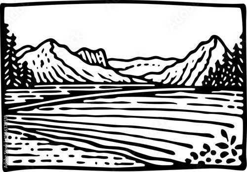 Mountain landscape illustration with river and forest hand drawn style, scenic natural view, wilderness outdoors art
