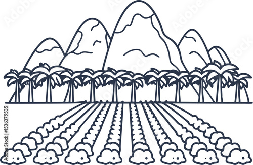 Mountain landscape with palm trees and cultivated crop field farming nature, rural agriculture scene illustration