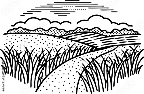 Countryside landscape illustration with grassy field, winding path, hills, clouds and sunrise line art